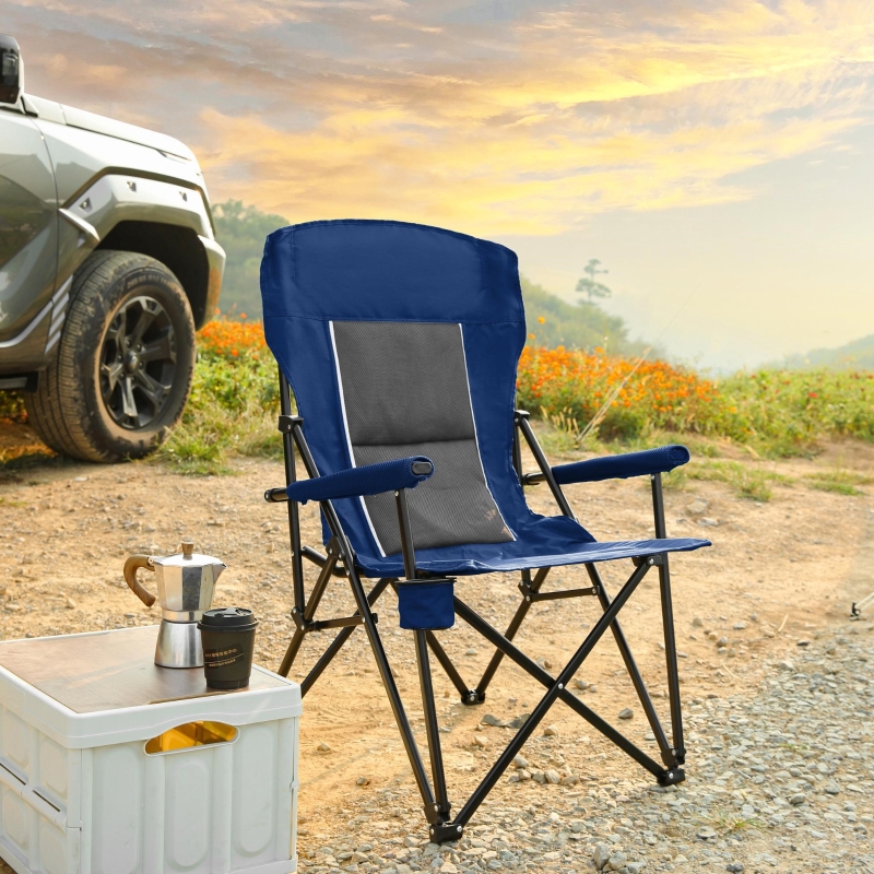 High Back Heavy Duty Lawn Chair with Cup Holder, Navy Blue | Aosom.com