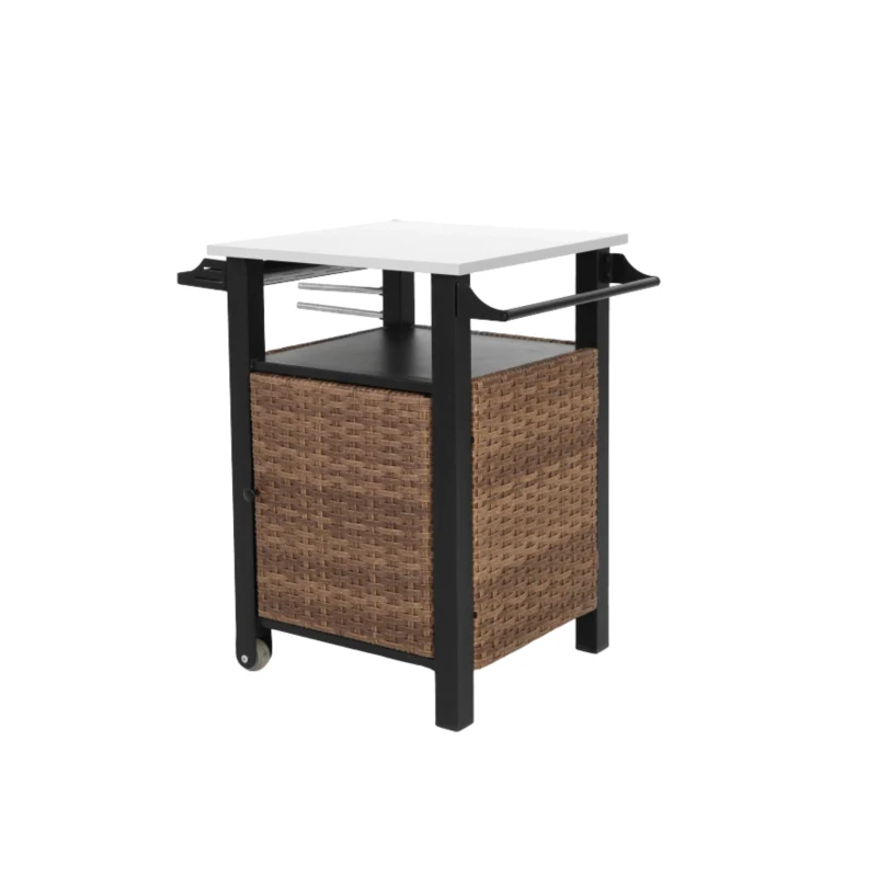 Outdoor Wicker Island Rolling Cart with Storage Cabinet, Expandable Shelf and Tabletop, Wine Glass Rack, 30" L x 22.5" W x 33.5" H, Brown