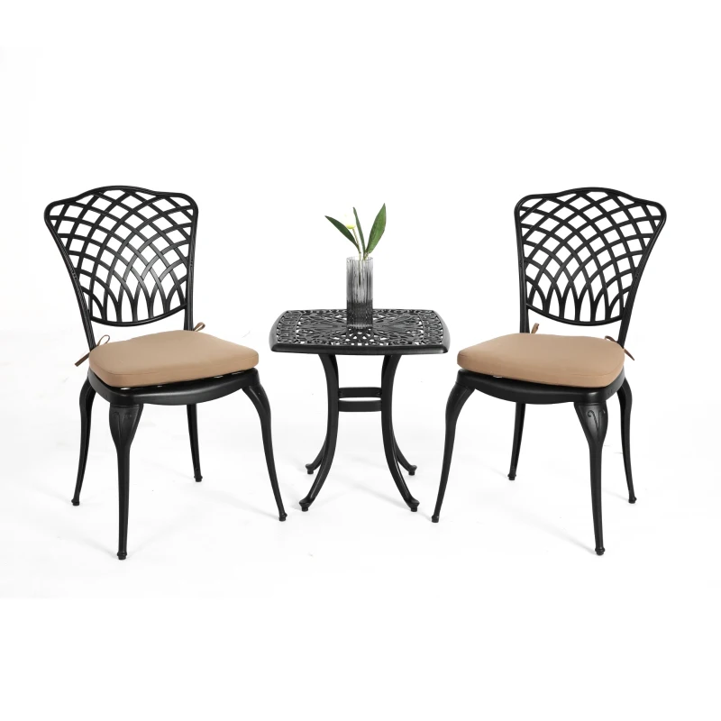 3-Piece Bistro Set with 2 Chairs and 1 Round Table, Seat Cushions, Rustproof Cast Aluminum Patio Furniture for Garden, Patio, Balcony, Black