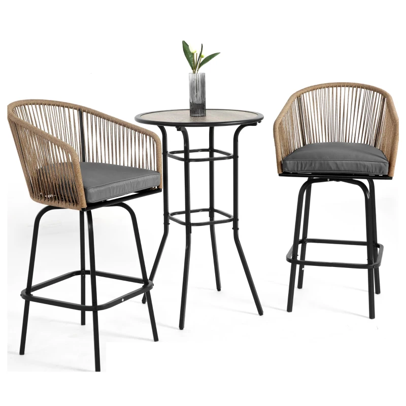3-Piece Outdoor Bar Set with Ecoating Technology, Innovative Sling Fabric, Patio Bar Table and Swivel Chairs with DPC Wood-Like Top, Gray