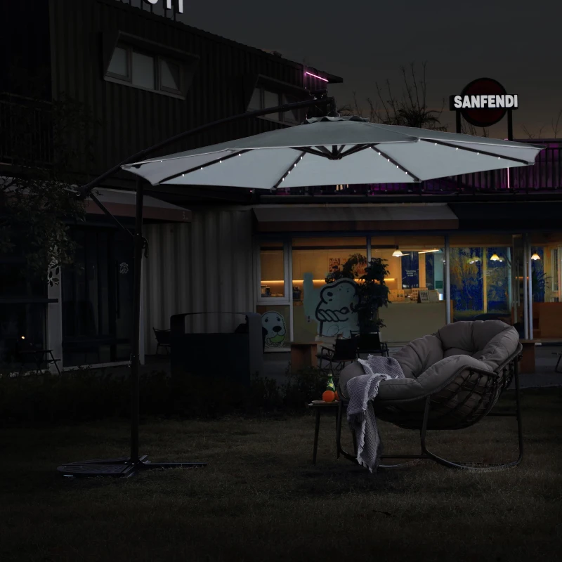 10ft Solar LED Offset Hanging Market Patio Umbrella with Steel Frame, Easy Adjustment and Enhanced Stability, 116" L x 116 W x 83" H, khaki