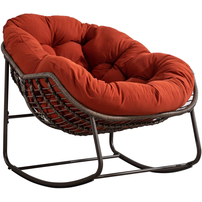Outdoor Rattan Rocking Chair with Padded Cushion, Hand-Woven Recliner, Ergonomic Design, Steel Frame, 44" L x 37" W x 31.5" H, Orange