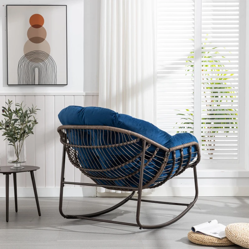 Outdoor Rattan Rocking Chair with Padded Cushion, Oversized Recliner for Porch, Patio, Garden, Steel Frame, 44" L x 37" W x 31.5" H, Navy Blue
