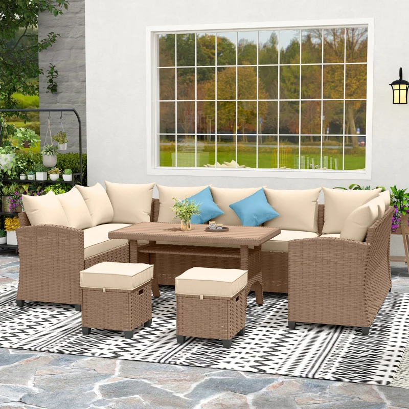 Outsunny 6 Piece Patio Furniture Set, PE Wicker Outdoor Furniture Conversation Set with 3 Sofas, 2 Ottomans and Slatted WPC Top Dining Table, All Weather Sectional Sofa Couch with Pillows, Khaki