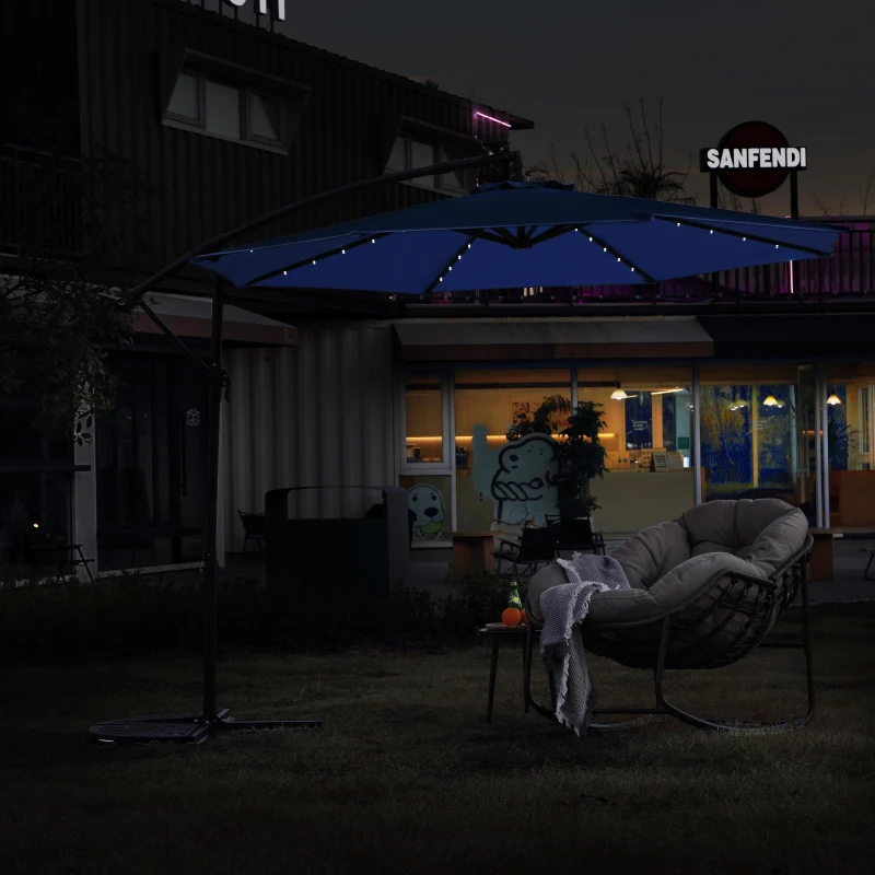 10ft Solar LED Offset Hanging Market Patio Umbrella with Easy Adjustment and Enhanced Stability, Steel Frame, 116" L x 116 W x 83" H, Navy Blue