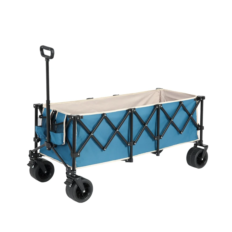 Foldable Extended Wagon with Big All-Terrain Beach Wheels, Folding Utility Garden Cart with Drink Holders, 53.5" L x 21" W x 40.5" H, Blue