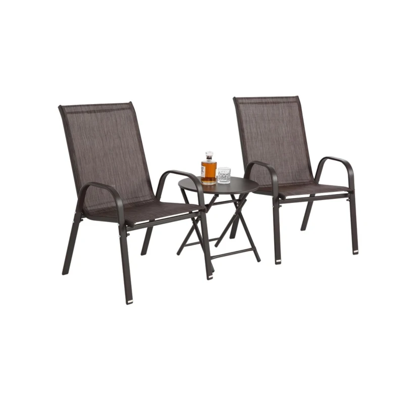 3-Piece Patio Set with 2 Chairs and 1 Table, Outdoor Dining Set with Breathable Textilene Fabric Chairs, Folding Steel Table, Brown