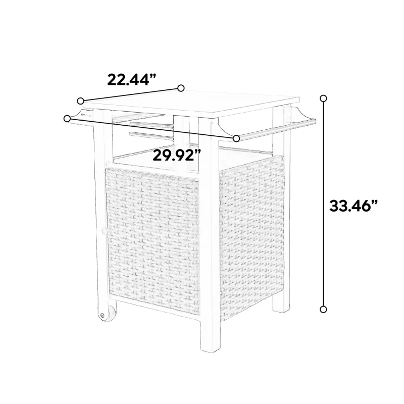 Outdoor Wicker Island Rolling Cart with Storage Cabinet, Expandable Shelf and Tabletop, Wine Glass Rack, 30" L x 22.5" W x 33.5" H, Brown