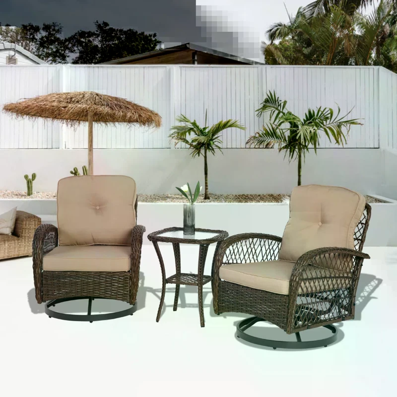 3-Piece Outdoor Swivel Rocker Patio Chairs Set with Thick Cushions, Glass Coffee Table, 360° Rocking Conversation Set with Steel Frame, Khaki