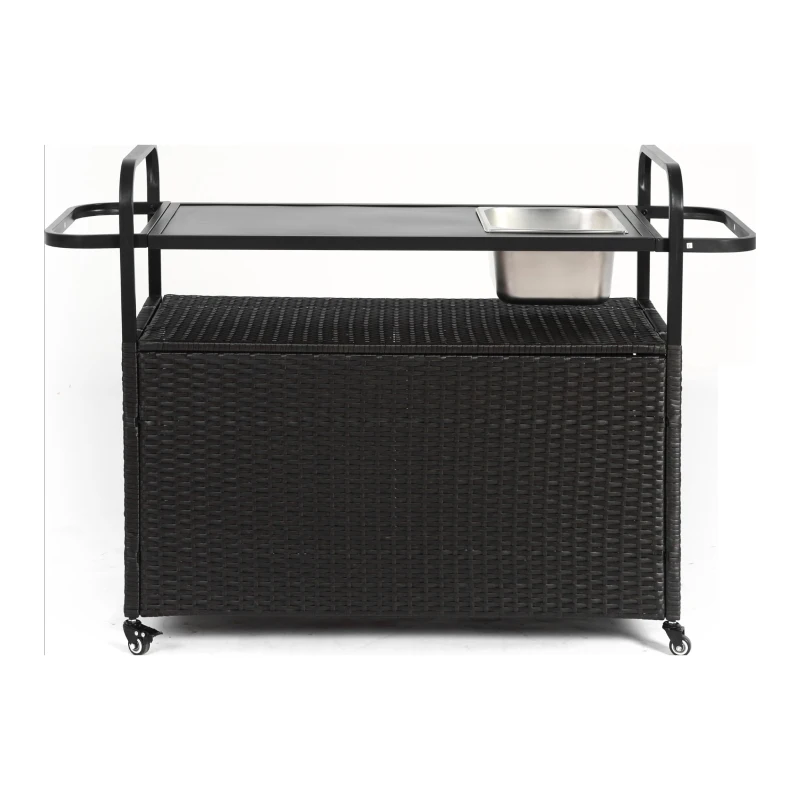 Multifunctional Outdoor Bar Table with Lockable Wheels, Ice Bucket, Side Basket, Wicker Bar Cart with Cabinet, 51.5" L x 19.5" W x 36" H, Black
