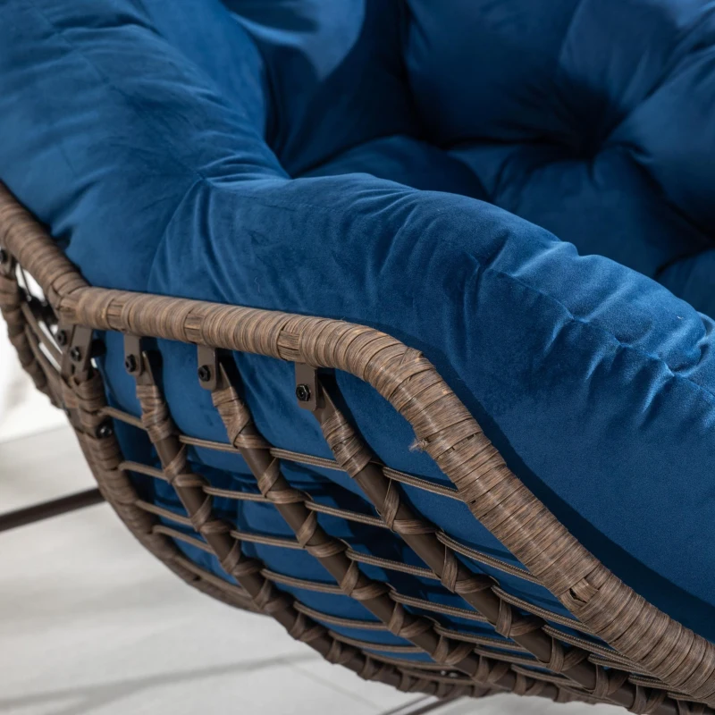Outdoor Rattan Rocking Chair with Padded Cushion, Oversized Recliner for Porch, Patio, Garden, Steel Frame, 44" L x 37" W x 31.5" H, Navy Blue