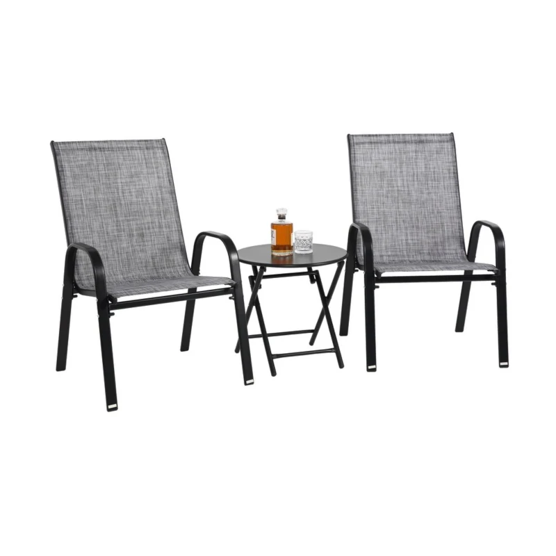 3-Piece Patio Set with 2 Armchairs and 1 Table, Garden Furniture Set with Breathable Textilene Fabric Chairs, Folding Steel Table, Gray