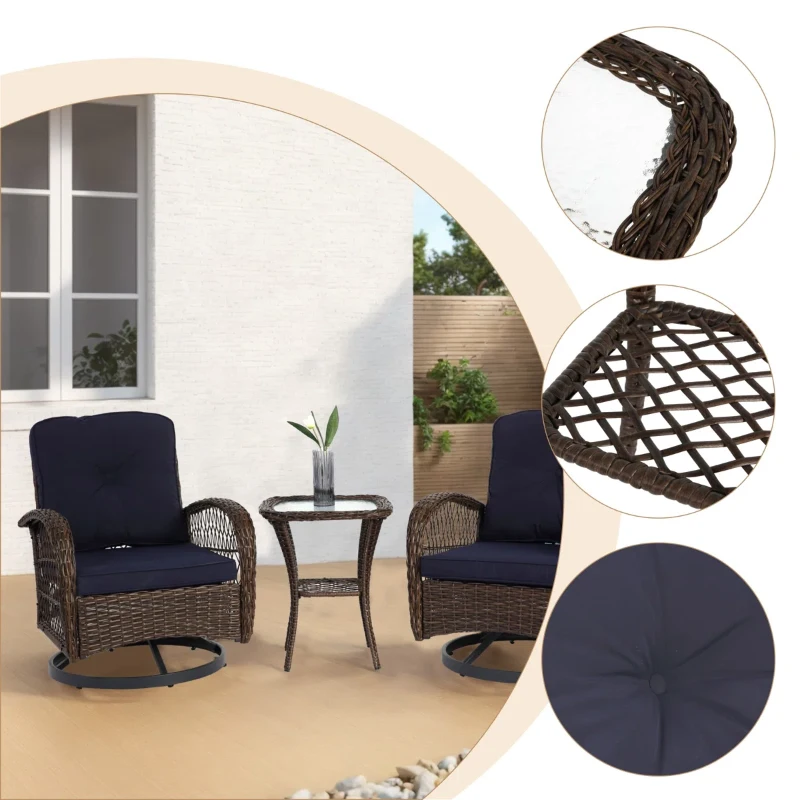 3-Piece Outdoor Swivel Rocker Patio Chairs Set with Cushions, Tempered Glass Table, 360° Rocking Conversation Set with Steel Frame, Navy Blue
