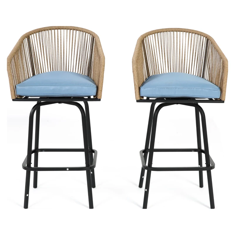 Set of 2 Outdoor Bar Stools with Armrests and Backrest, 2-Piece All Weather Rattan Bar Chairs with Footrest, 23" L x 17.5" W x 44" H, Blue