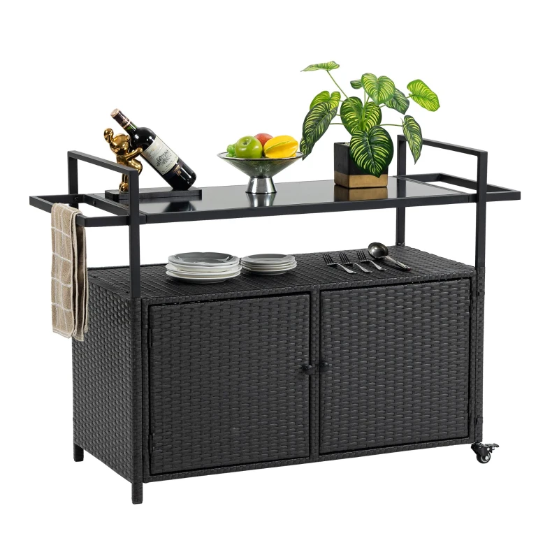Outdoor Wicker Bar Cart with Glass Top and Wheels, Rolling Rattan Beverage Bar Counter Table for Porch, Backyard, Garden, Poolside Party, 51" L x 20" W x 35.5" H, Black