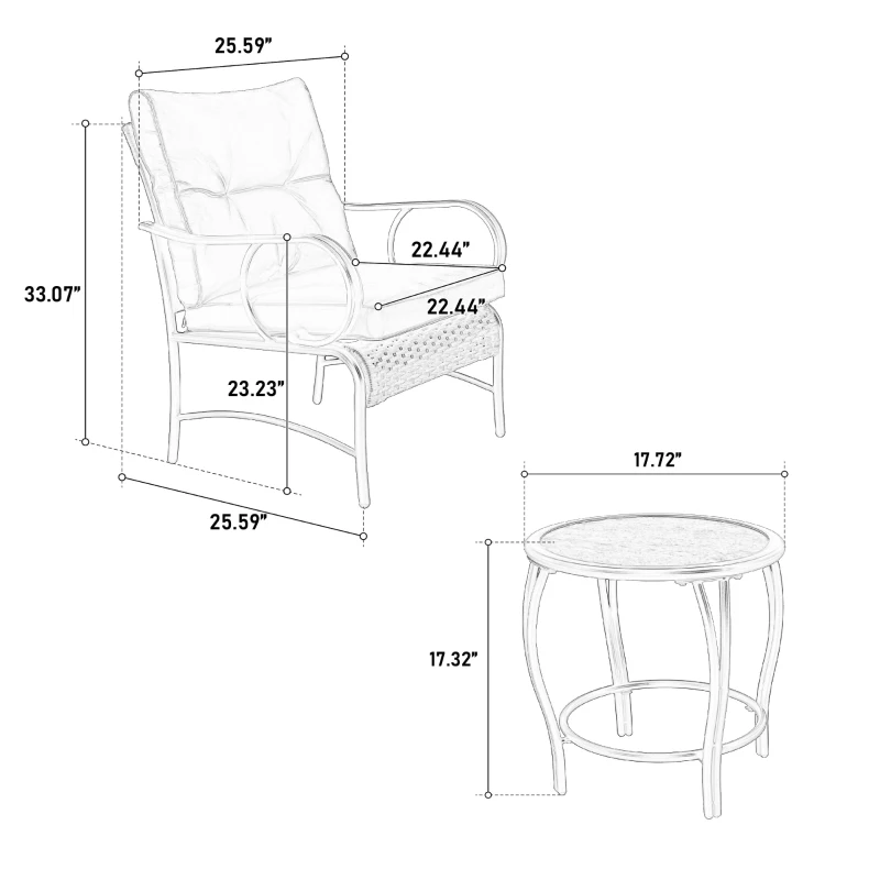 3-Piece Patio Set with Rust-Proof Steel Frame, Cushioned Seats, Outdoor Wicker Furniture with Rattan Chairs, Coffee Table, Brown+White
