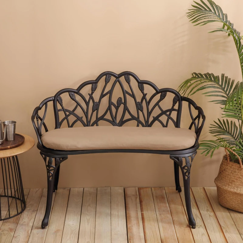 Patio Garden Bench with Floral Tulip Design, Ergonomic Backrest, Elegant Outdoor Park Bench for Lawn, Yard, 39" L x 21.5" W x 31" H, Black