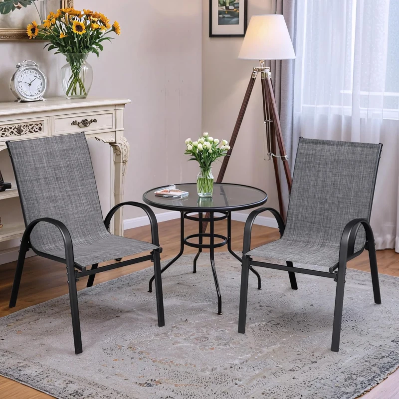 2-Piece Patio Chairs Set with Breathable Textilene Fabric, Curved Armrest, Space-Saving Outdoor Camping Chairs, 24.5" L x 24.5" W x 38" H, Gray