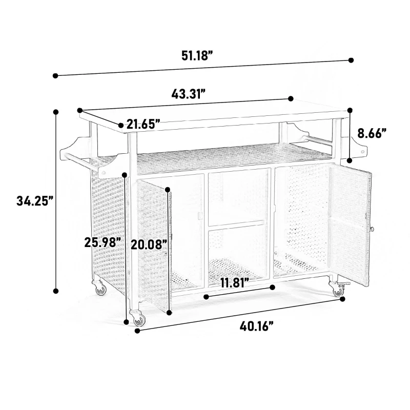 Outdoor Wicker Rolling Cart with Storage Cabinet, Stainless Steel Extended Tabletop, Wheels and Side Handle, 51" L x 21.5" W x 34" H, Gray