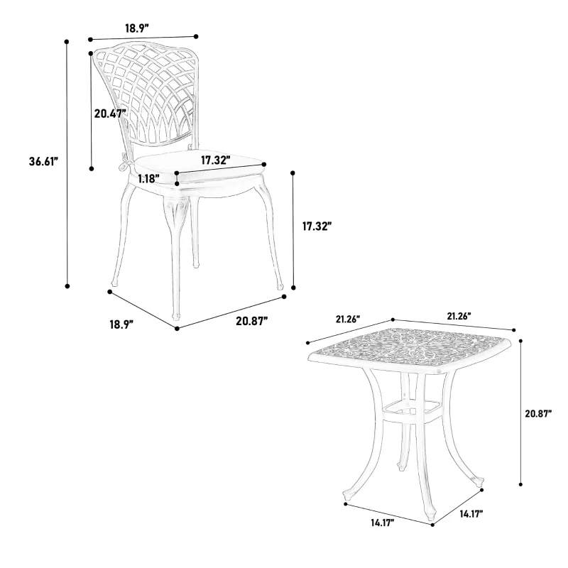 3-Piece Bistro Set with Cushions, Includes 2 Chairs and 1 Round Table, Rustproof Cast Aluminum Patio Furniture for Garden, Patio, Balcony, White