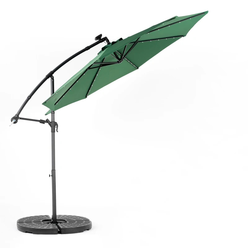 10ft Solar LED Offset Hanging Market Patio Umbrella with Easy Adjustment, Steel Frame, 8 Ribs, 116" L x 116" W x 98.5" H, Dark Green