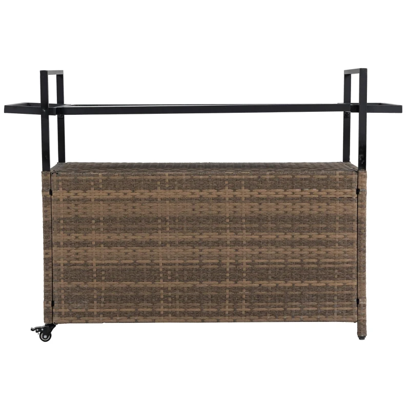 Outdoor Wicker Bar Cart with Wheels, Patio Wine Serving Cart with Glass Top and Storage Cabinet, 51" L x 20" W x 35.5" H, Light Brown