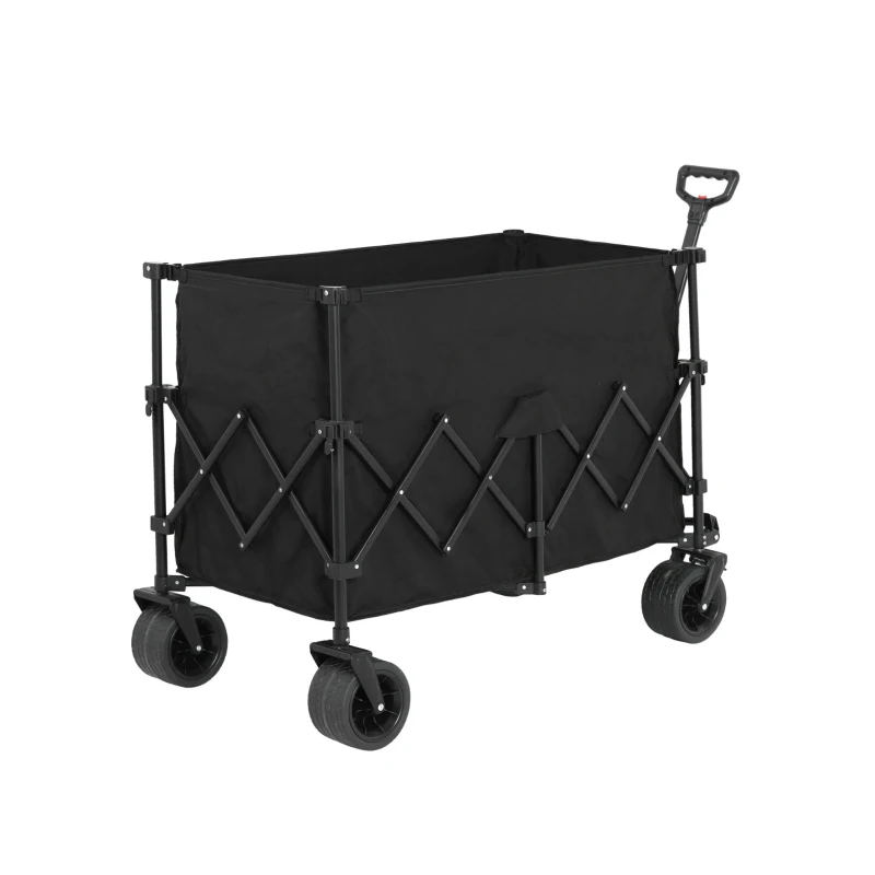 Collapsible Beach Wagon with All-Terrain Wheels, Heavy Duty 300L Folding Utility Garden Cart with Drink Holders, 43" L x 21" W x 32.5" H, Black