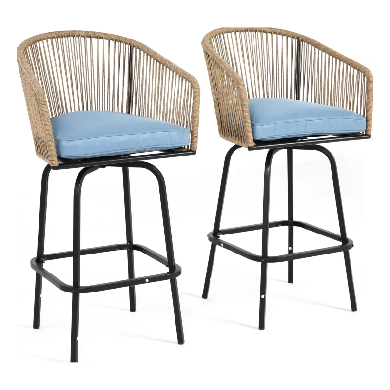 Set of 2 Outdoor Bar Stools with Armrests and Backrest, 2-Piece All Weather Rattan Bar Chairs with Footrest, 23" L x 17.5" W x 44" H, Blue