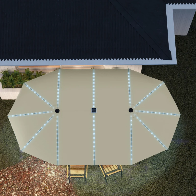 Outsunny 15ft Double-Sided Outdoor Umbrella with Solar Lights, UPF50+ Extra Large Aluminum Patio Umbrella with Crank, Cream White