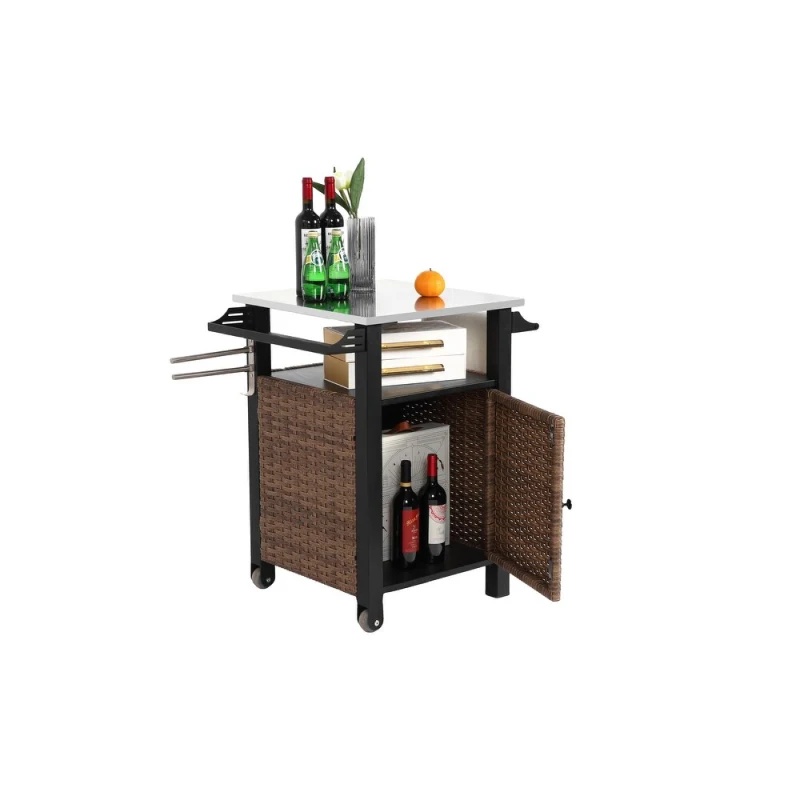 Outdoor Wicker Island Rolling Cart with Storage Cabinet, Expandable Shelf and Tabletop, Wine Glass Rack, 30" L x 22.5" W x 33.5" H, Brown