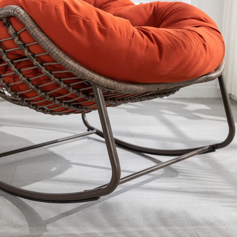 Outdoor Rattan Rocking Chair with Padded Cushion, Hand-Woven Recliner, Ergonomic Design, Steel Frame, 44" L x 37" W x 31.5" H, Orange