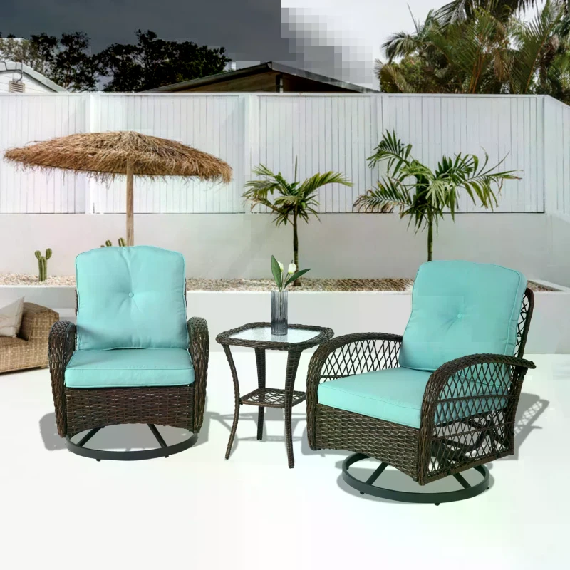 3-Piece Outdoor Swivel Rocker Patio Chairs Set with Thick Cushions, Glass Coffee Table, 360° Rocking Garden Furniture Set with Steel Frame, Blue