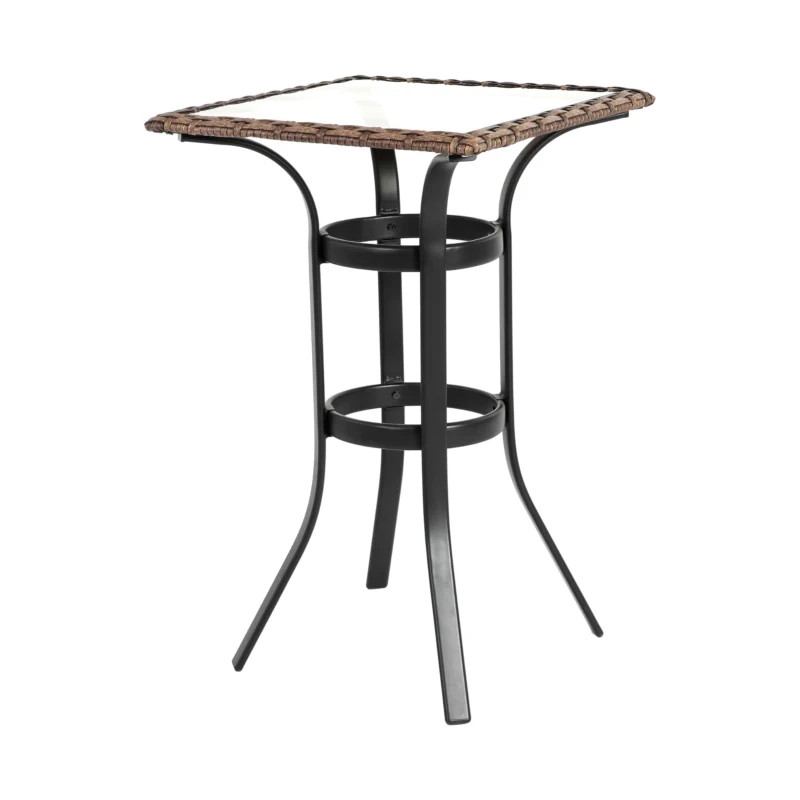 3-Piece Outdoor Bar Stools Set with Rattan Bar Chairs, Glass Table, Steel Frame, Perfect for Backyard, Garden, Pool, Balcony, Deck, Brown