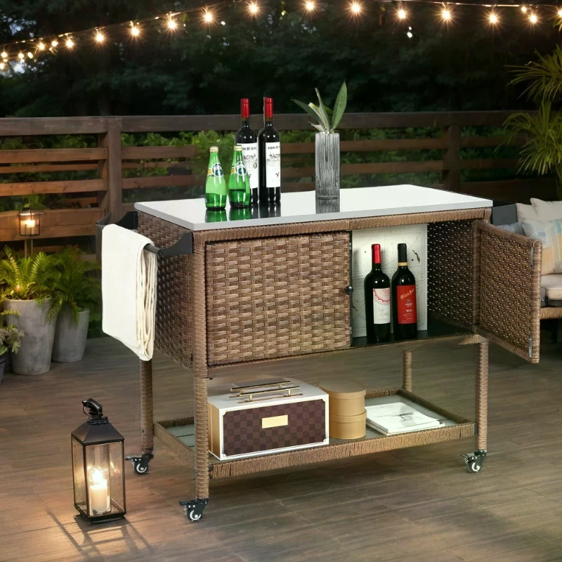 Outdoor Wicker Bar Cart with Wheels, Expandable Shelf, Rolling Rattan Beverage Bar Counter Table with Glass Top, 47" L x 20" W x 35" H, Brown