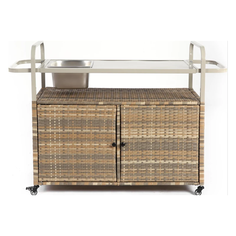 Outdoor Bar Table with Steel Top, Lockable Wheels, Side Basket, Wicker Bar Cart with Cabinet, Rounded Handle, 51.5" L x 19.5" W x 36" H, Beige