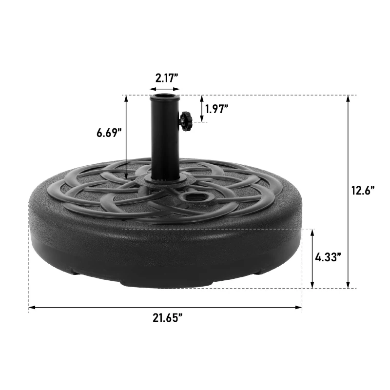 Round Patio Umbrella Base with High-Density Polyethylene Plastic, Fits Various Umbrellas with Adjustable Knobs, 21.5" L x 21.5" W x 12.5" H, Black