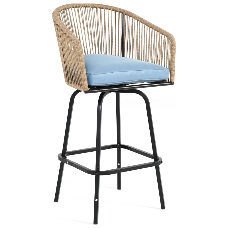 Set of 2 Outdoor Bar Stools with Armrests and Backrest, 2-Piece All Weather Rattan Bar Chairs with Footrest, 23" L x 17.5" W x 44" H, Blue