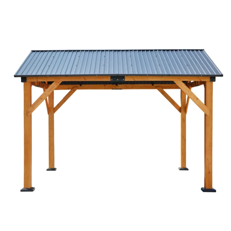Fir Wood Carport Pavilion Gazebo with Steel Roof, All Weather Protection, Heavy-Duty Wooden Frame, 139" L x 117" W x 104" H, Light Brown