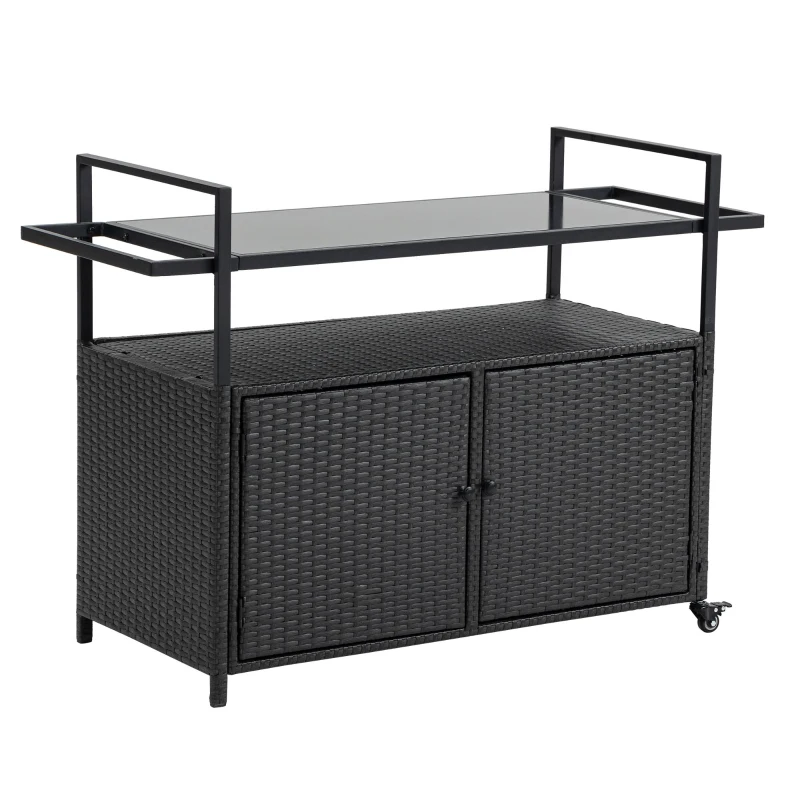 Outdoor Wicker Bar Cart with Glass Top and Wheels, Rolling Rattan Beverage Bar Counter Table for Porch, Backyard, Garden, Poolside Party, 51" L x 20" W x 35.5" H, Black