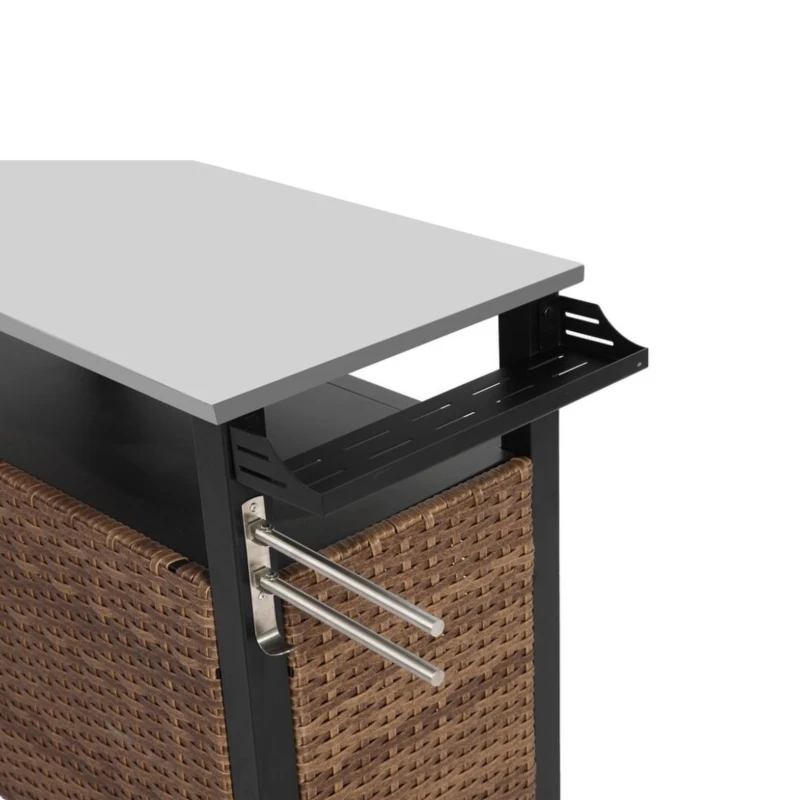 Outdoor Kitchen Wicker Island Rolling Cart with Wheels, Storage Cabinet, Steel Extended Table Top, Side Handle, 47" L x 20" W x 33.5" H, Brown