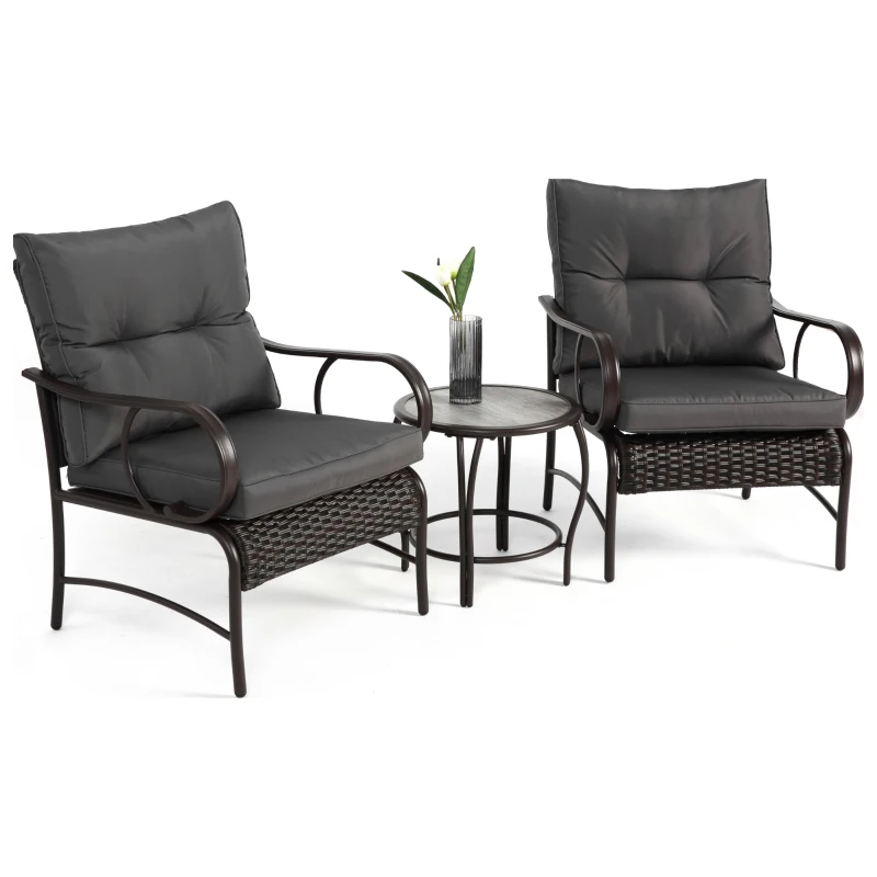 3-Piece Outdoor Wicker Furniture with Modern Chairs, Coffee Table, Steel Frame, Weather-Resistant Patio Set with PE Wicker, Brown+Gray