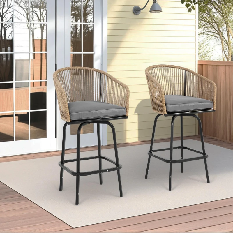 Set of 2 Outdoor Bar Stools with Armrests and Backrest, Steel Frame, All Weather Rattan Bar Chairs with Footrest, 23" L x 17.5" W x 44" H, Gray