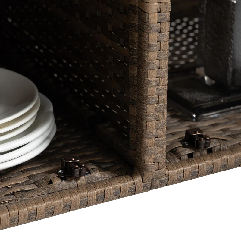 Outdoor Wicker Bar Cart with Wheels, Patio Wine Serving Cart with Glass Top and Storage Cabinet, 51" L x 20" W x 35.5" H, Light Brown