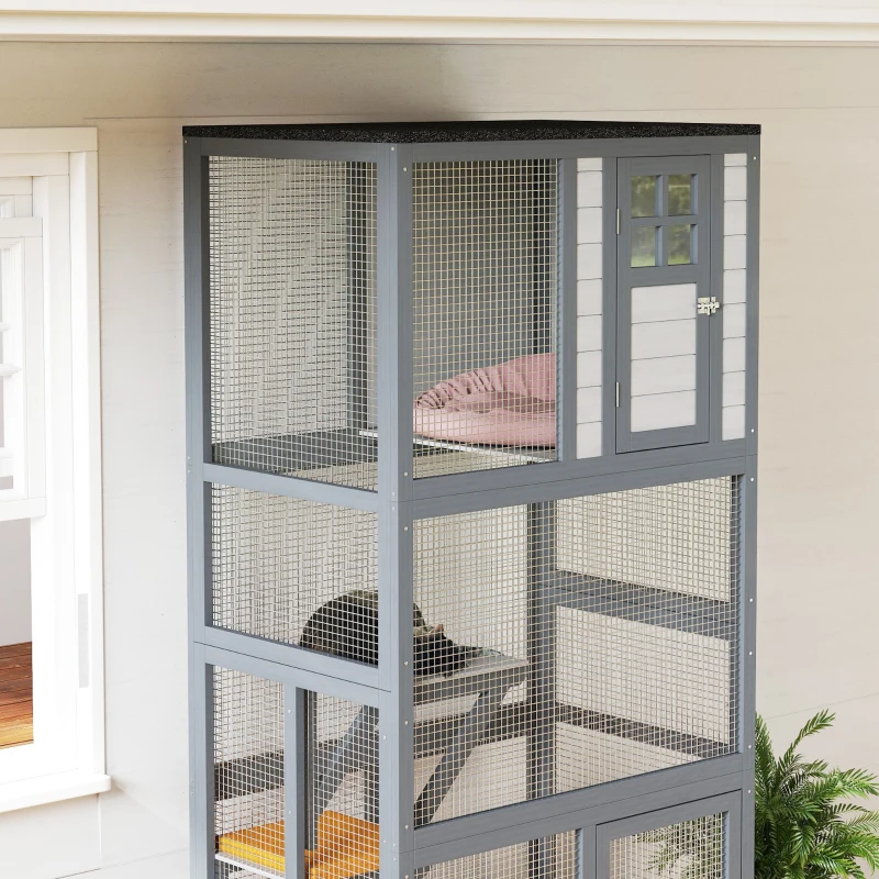 PawHut 74" Wooden Outdoor Cat House Catio with High Weight Capacity, Cat Cage Condo, Dark Gray