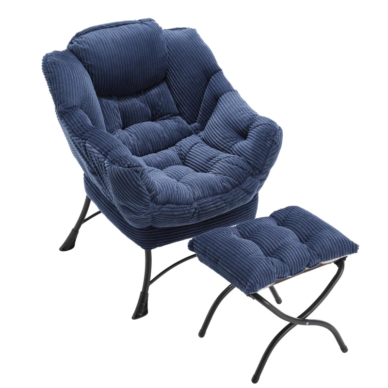Modern Lazy Chair with Ottoman, Armrests, Side Pocket, Ergonomic Lounge Accent Chair with Steel Frame, 31.5" L x 25" W x 37.5" H, Navy Blue