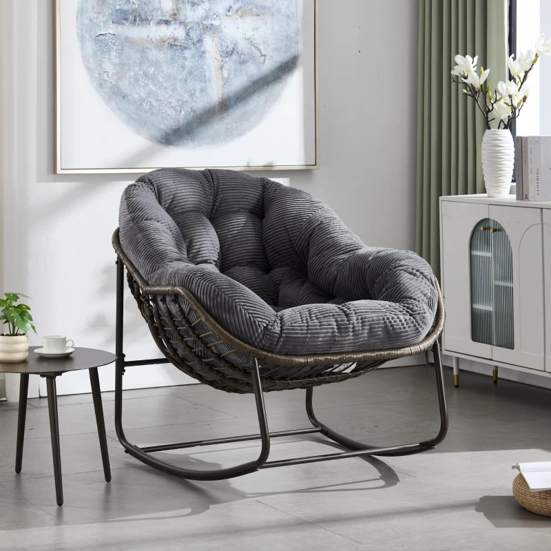 Oversized Outdoor Rattan Rocking Chair with Padded Cushion, Steel Frame, Ergonomic Hand-Woven Recliner, 44" L x 37" W x 31.5" H, Gray