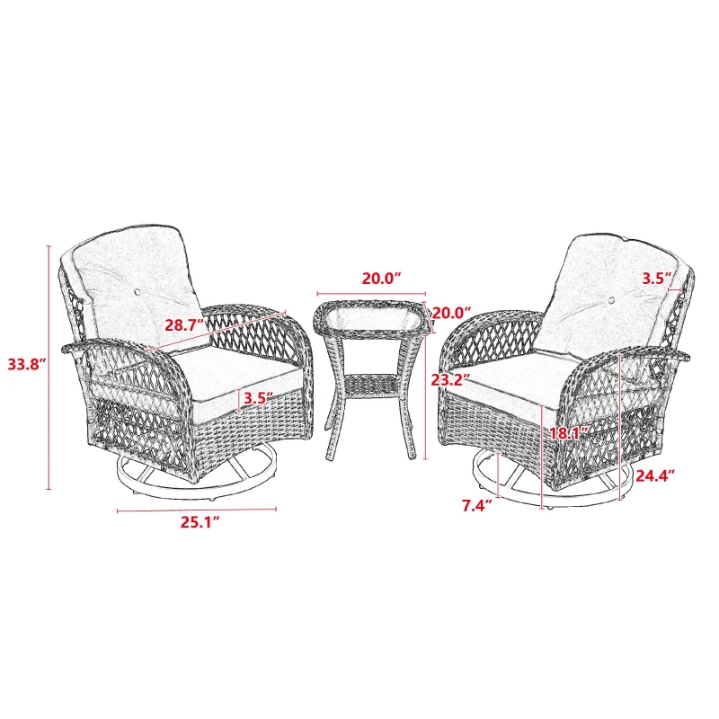 3-Piece Outdoor Swivel Rocker Patio Chairs Set with Thick Cushions, Glass Coffee Table, 360° Rocking Conversation Set with Steel Frame, Khaki