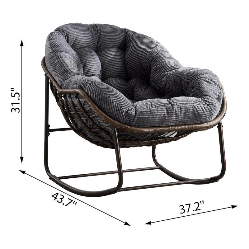 Oversized Outdoor Rattan Rocking Chair with Padded Cushion, Steel Frame, Ergonomic Hand-Woven Recliner, 44" L x 37" W x 31.5" H, Gray