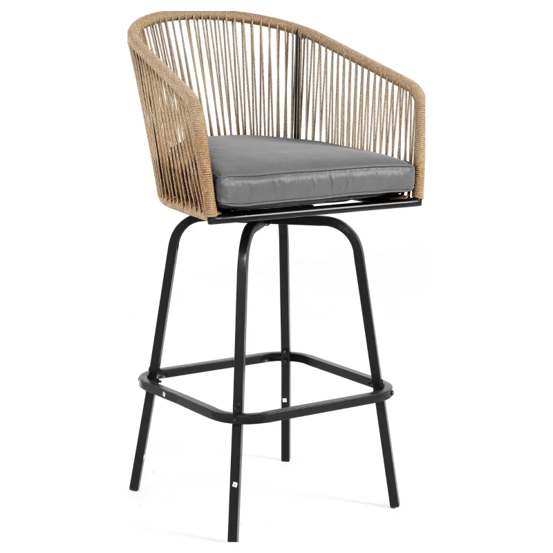 Set of 4 Outdoor Bar Stools with Armrests and Backrest, All Weather PE Rattan Bar Chairs with Steel Frame, 23" L x 17.5" W x 44" H, Gray