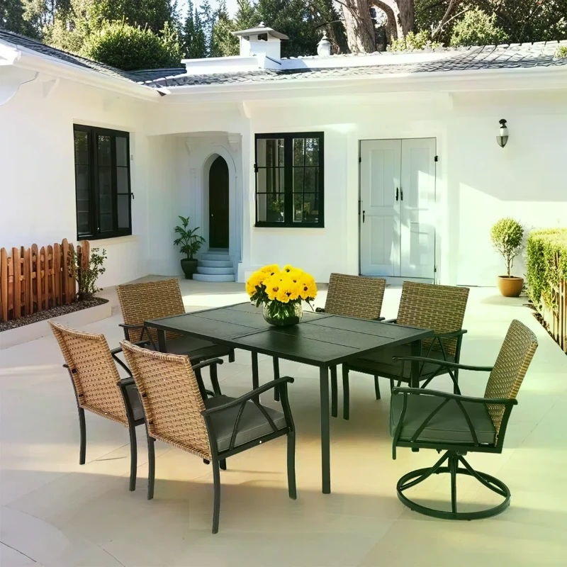 7-Piece Patio Dining Set with Swivel Rocker Chairs, Cushioned Seats, Steel Table Top with Umbrella Hole, Outdoor Wicker Furniture, Brown+Gray